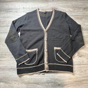 21 Men Cardigan Mens Medium Black Tan Elbow Patch V-Neck Button Front Sweater